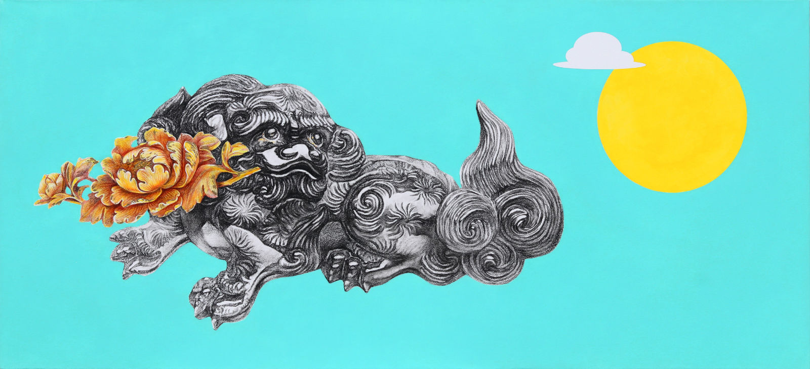 The Stone Cloud Series - Flower Lion, 2023, Acrylic & charcoal, gold leaf, colour pencil on paper, 122cm x 55cm