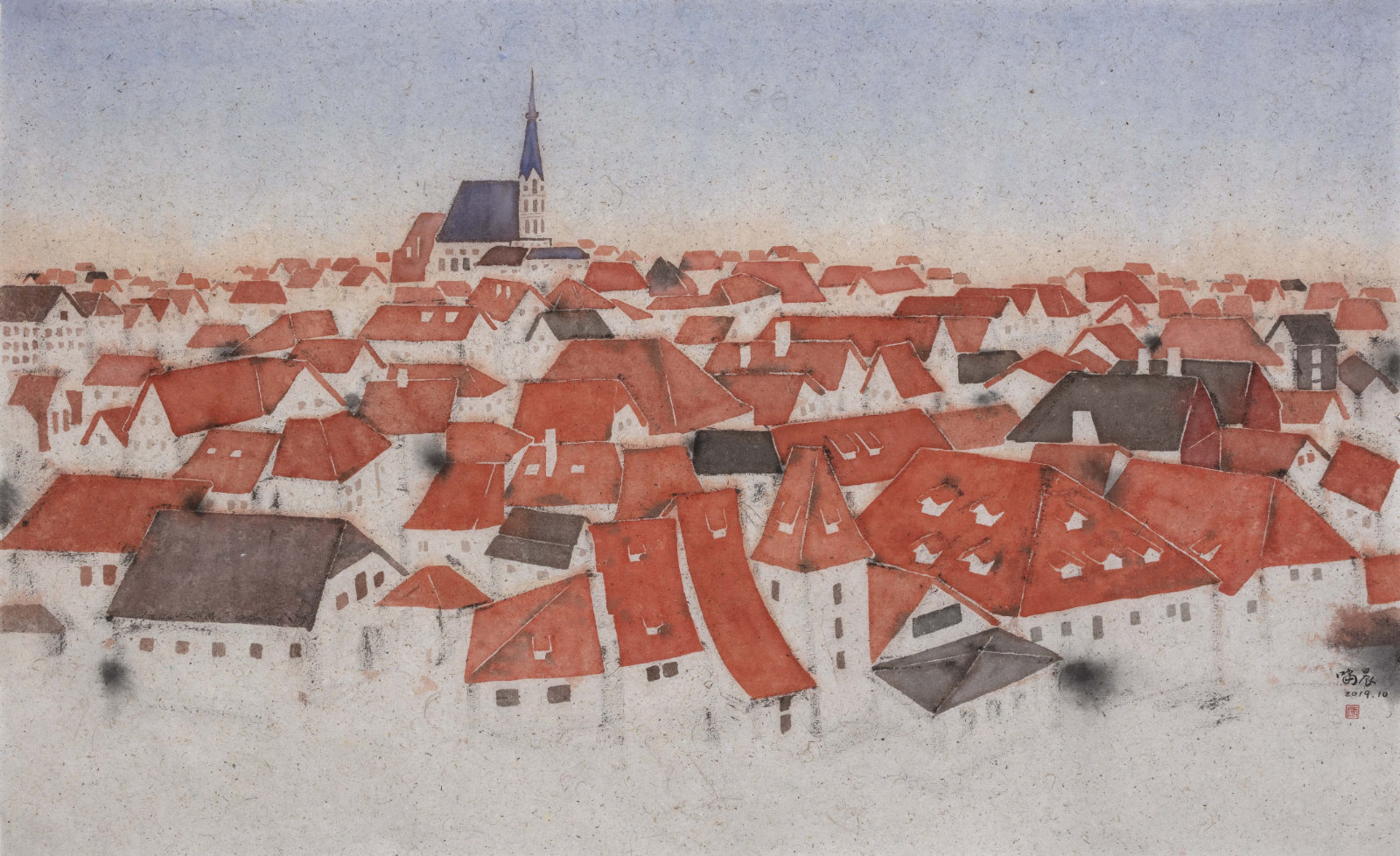 Morning in Cesky Krumlov, 2019, Ink on Paper, 64cm x 104cm