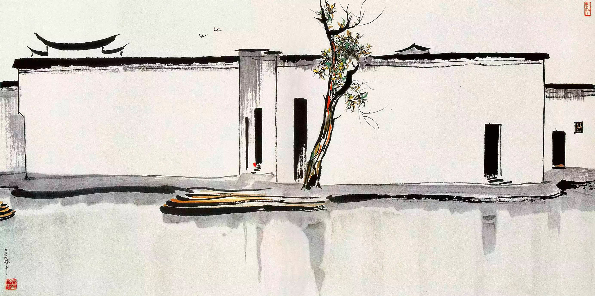 Wu Guanzhong <em>Two Swallows</em> 1998 Ink and Colour on Paper, 69cm x 137cm (sold for RMB 46,000,000 in 2011, Beijing Poly International Auction) 