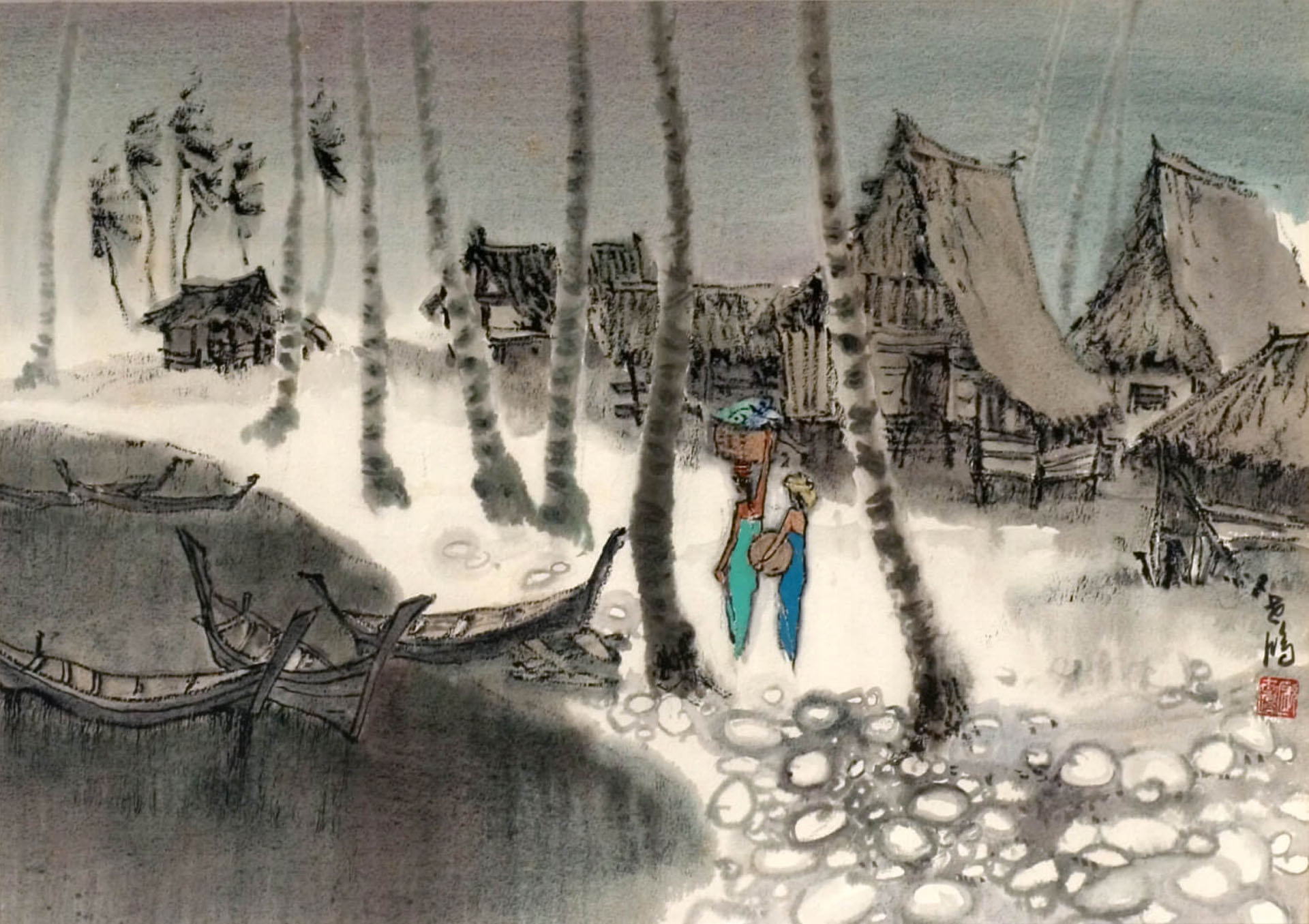 Aw Tee Hong - Coconut Village 1992 Ink and Pastel on Paper 72cm x 51cm