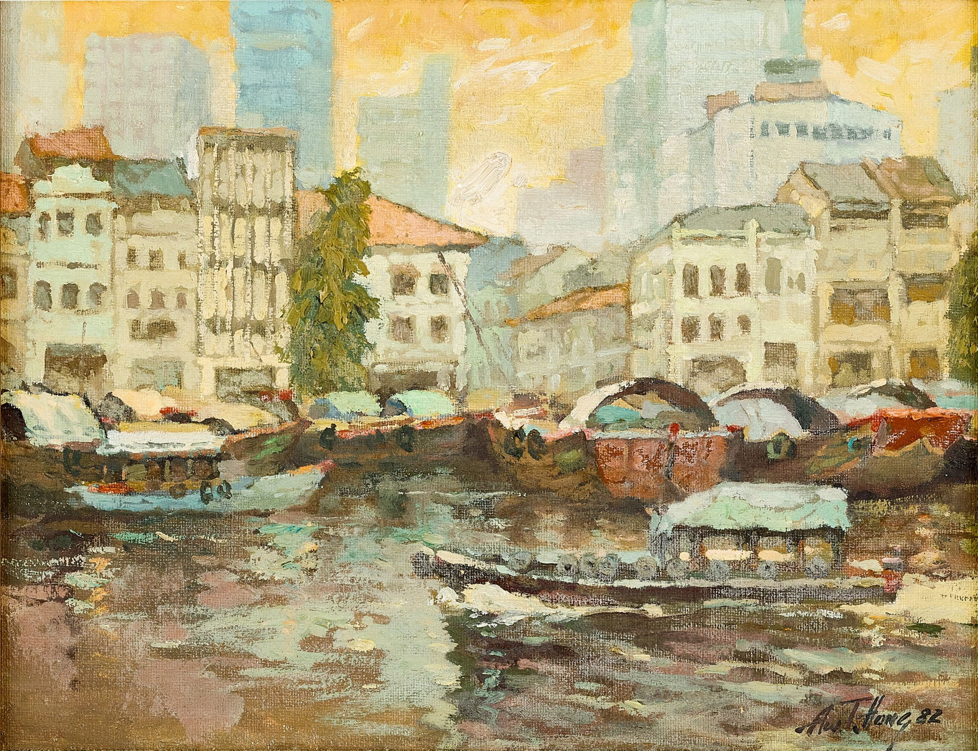 Aw Tee Hong - Singapore River 1982 Oil on Canvas 38.5cm x 49.5cm