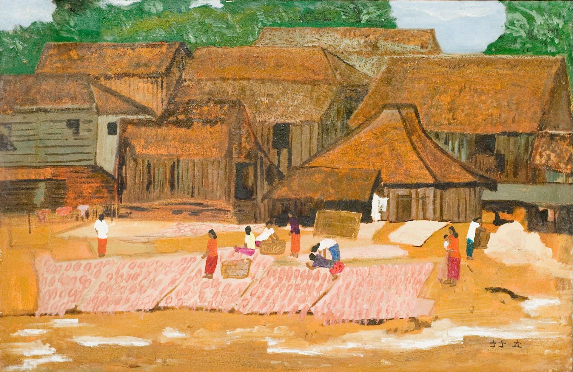 Chen Cheng Mei - Drying Fishes, Kota Bahru, Oil on Canvas, 1977, 76cm x 117cm, Collection of Family of Chen Cheng Mei