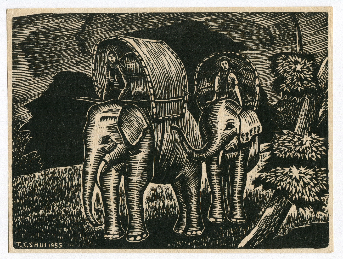 Elephant Carriages 1955 Woodcut print 15.3 x 20.7 cm