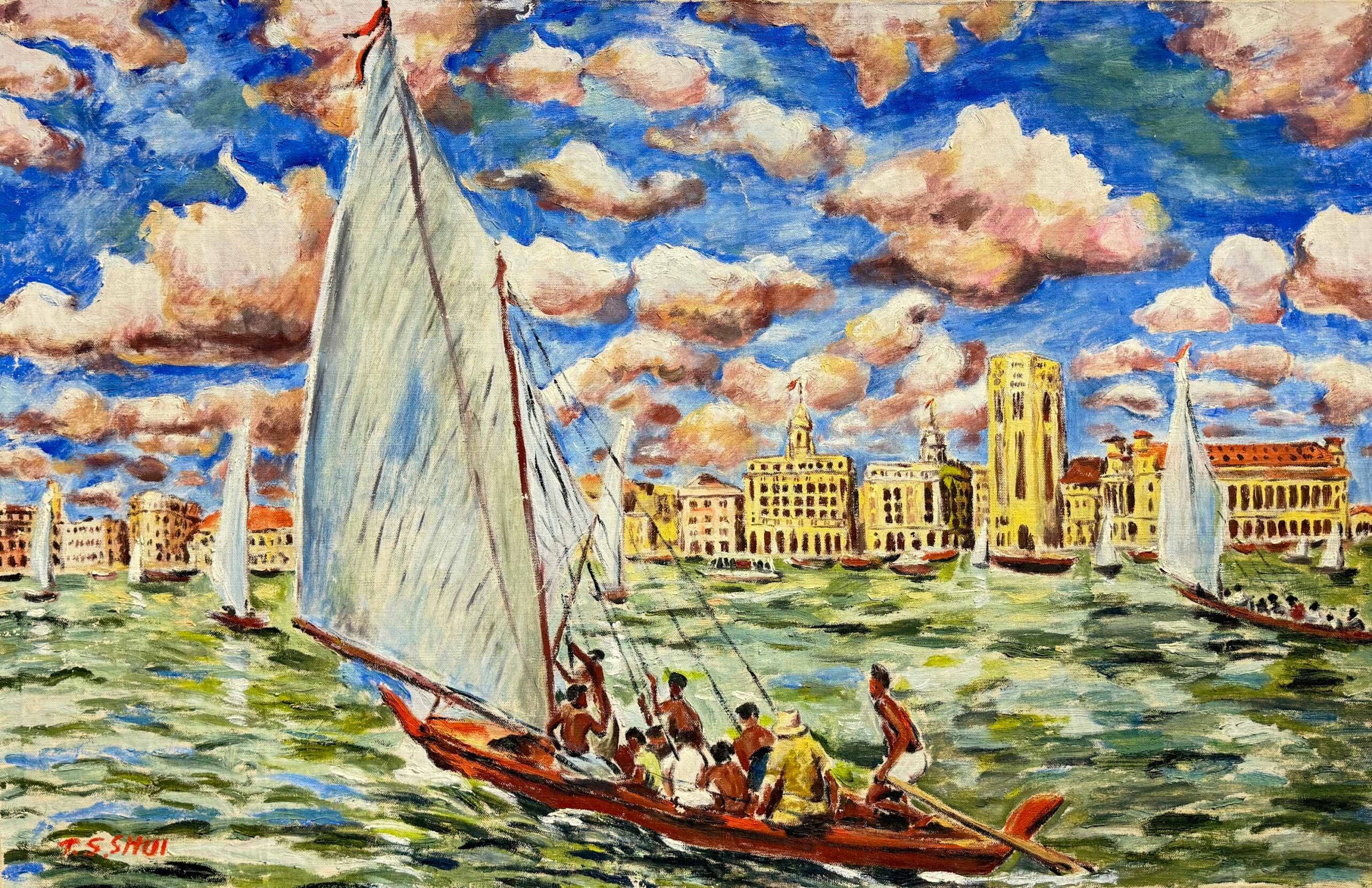 Kolek Boat Race, Artist: Shui Tit Sing Size (h w d): 56 x 87 cm Medium: Oil on canvas Type: Painting Creation Date: Circa 1950s