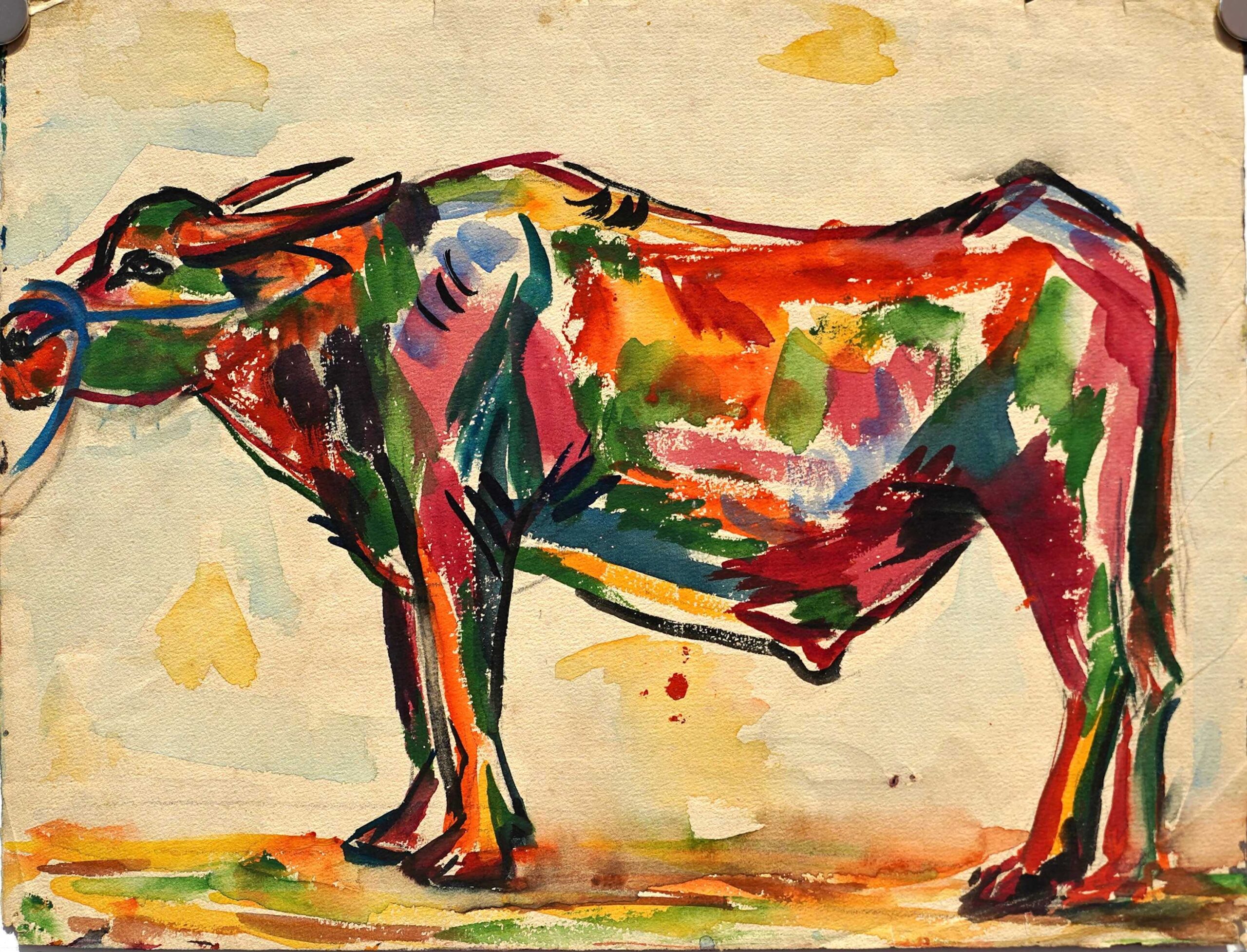 Water Buffalo by the River, Artist: Shui Tit Sing Size (h w d): 24 x 31.5 cm Medium: Watercolor on paper Creation Date: 1930s