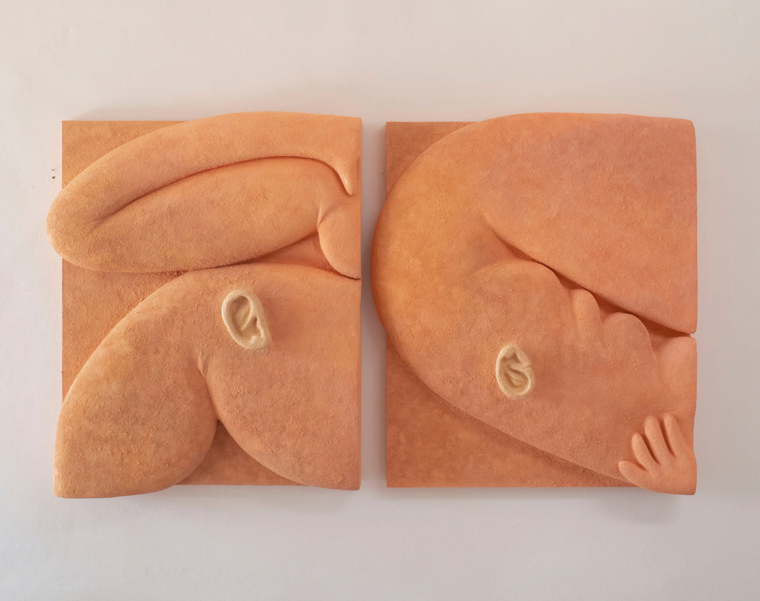 Kanoko Takaya, Gyutt and Kiku（拥抱hugging）, 2023, 木板综合媒介, 112 x 94 x 19 cm / 112 x 95 x 18 cm