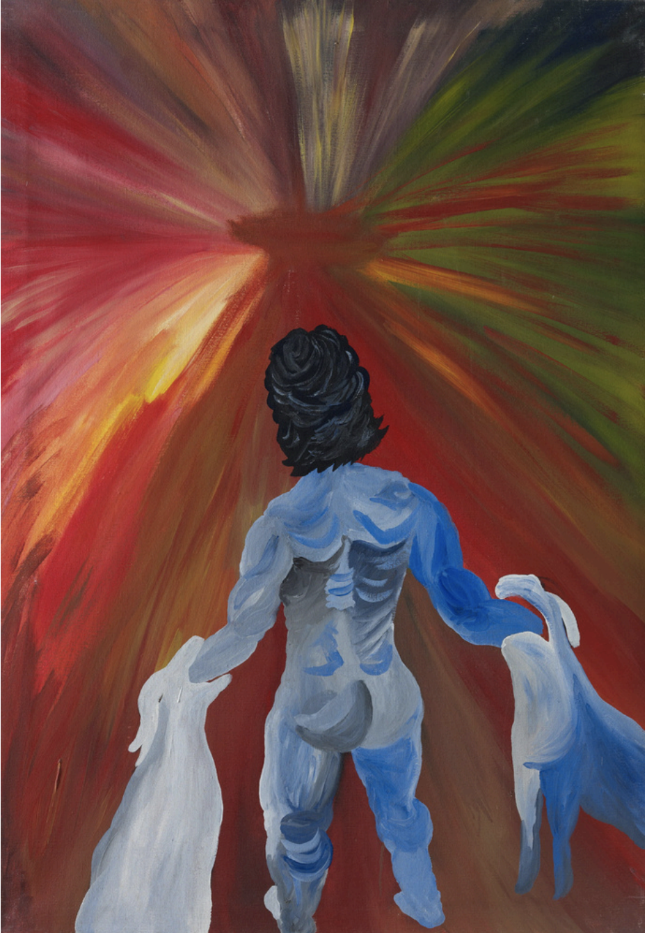 LEE WEN, Threshold, Oil on canvas, 117.0 X 82.0 cm, 1990. reated in 1990, on the eve of the artist’s departure from Singapore to pursue further studies in the United Kingdom, this work marks a pivotal moment of transition in both life and artistic practice It embodies a process of profound transformation: the figure, shown from the back, is gently supported by two dogs reluctant to let go, yet nevertheless sheds all clothing and moves decisively toward a symbolic “gate of energy.” The tension between emotional attachment and spiritual departure is central to the composition, revealing the artist’s inner struggle and resolve in the face of separation, growth, and self-renewal. As a key work within Lee Wen’s artistic trajectory, this piece is exceptionally rare and significant.