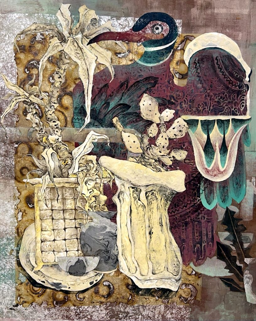 To the Sloping Path 黎明的振翅 Li Dan 2025, Mineral pigments, ink, silver on silk and kumohada hemp paper 162 x 130 cm