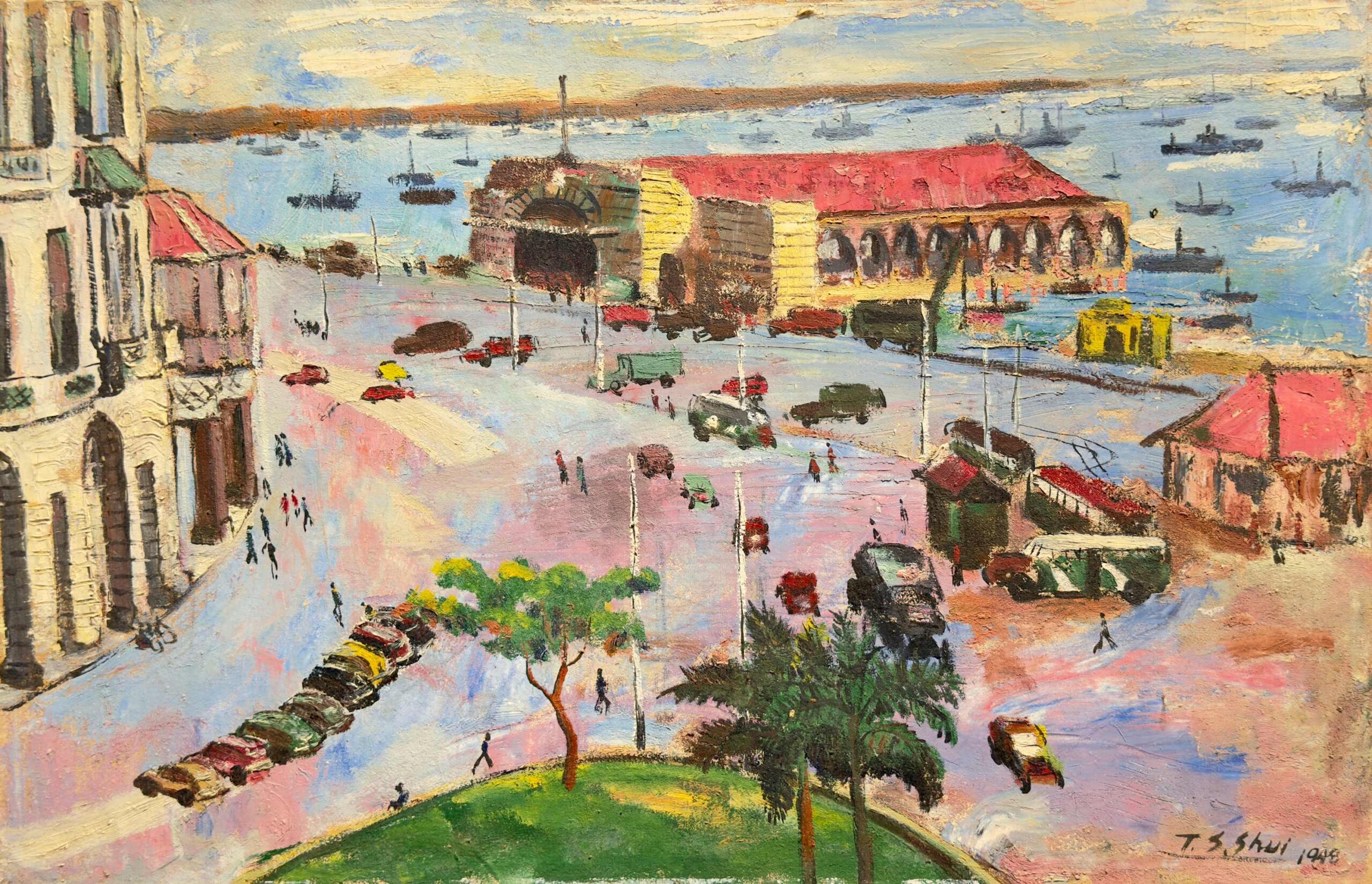 Clifford Pier in Singapore 新加坡旧红灯码头Artist: Shui Tit Sing Medium: Oil on canvas Size (h w d): 56 x 87 cm Type: Painting Creation Date: 1948