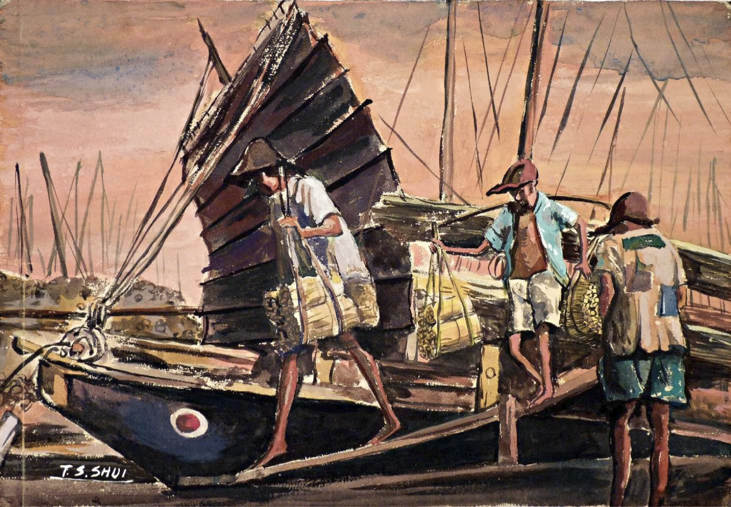Clifford Pier in Singapore 新加坡旧红灯码头Artist: Shui Tit Sing Medium: Oil on canvas Size (h w d): 56 x 87 cm Type: Painting Creation Date: 1948