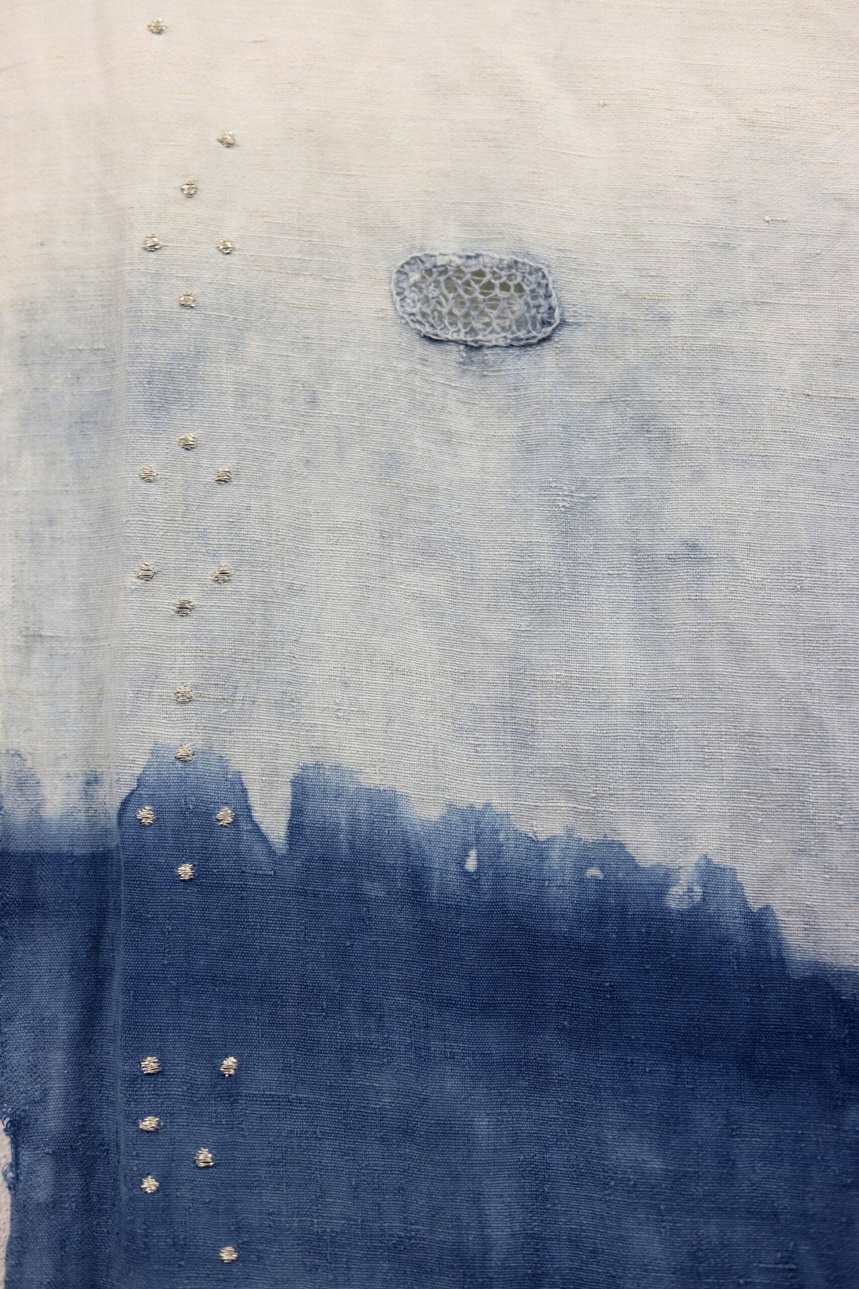 McKnight_The way of rain_detail_ 2026_natural Indigo dyed found linen, cotton and Kinoma thread_172 x 236 cm